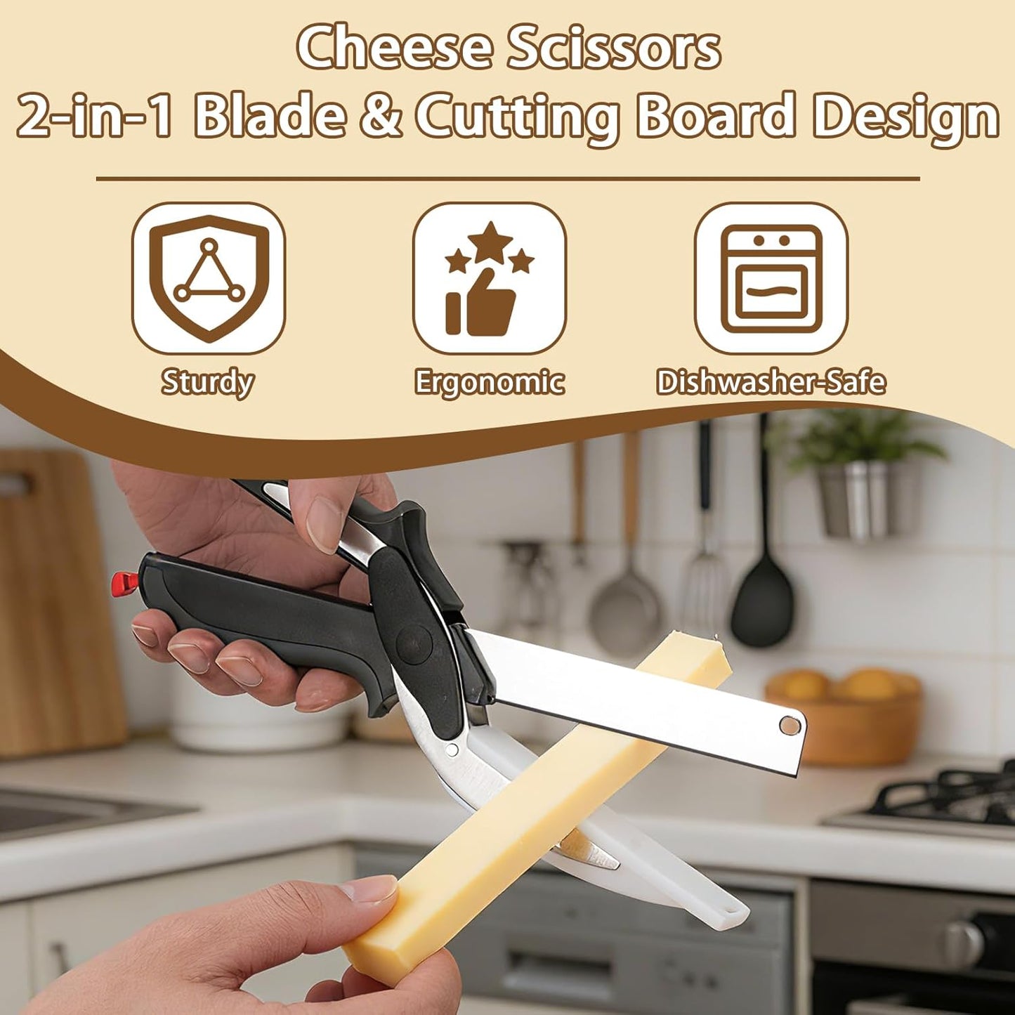 Tijeras de queso 2 en 1 con tabla de plástico y hoja de acero inoxidable