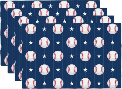 Juego de 4 manteles individuales de béisbol con estampado de pelota y estrellas azul marino