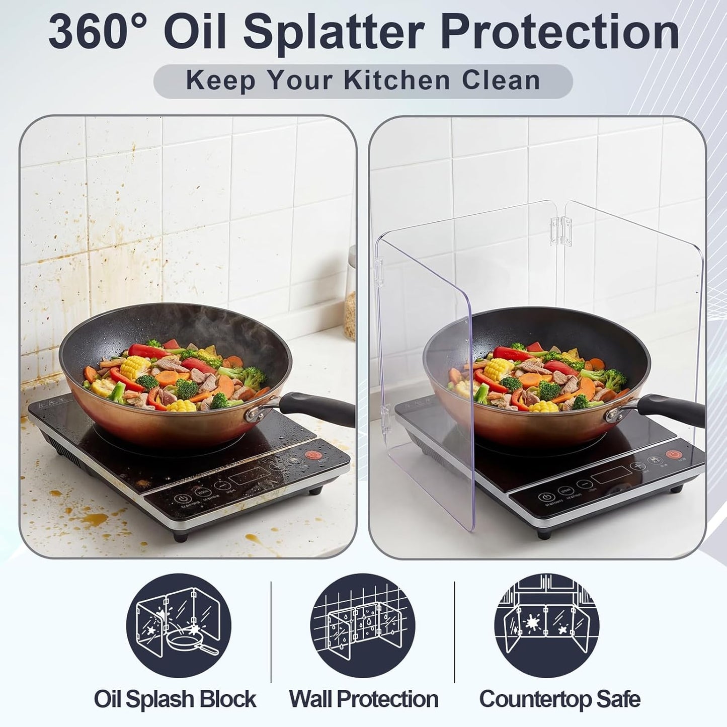 Protector de salpicaduras transparente 4 caras para estufa de induccion resistente al calor