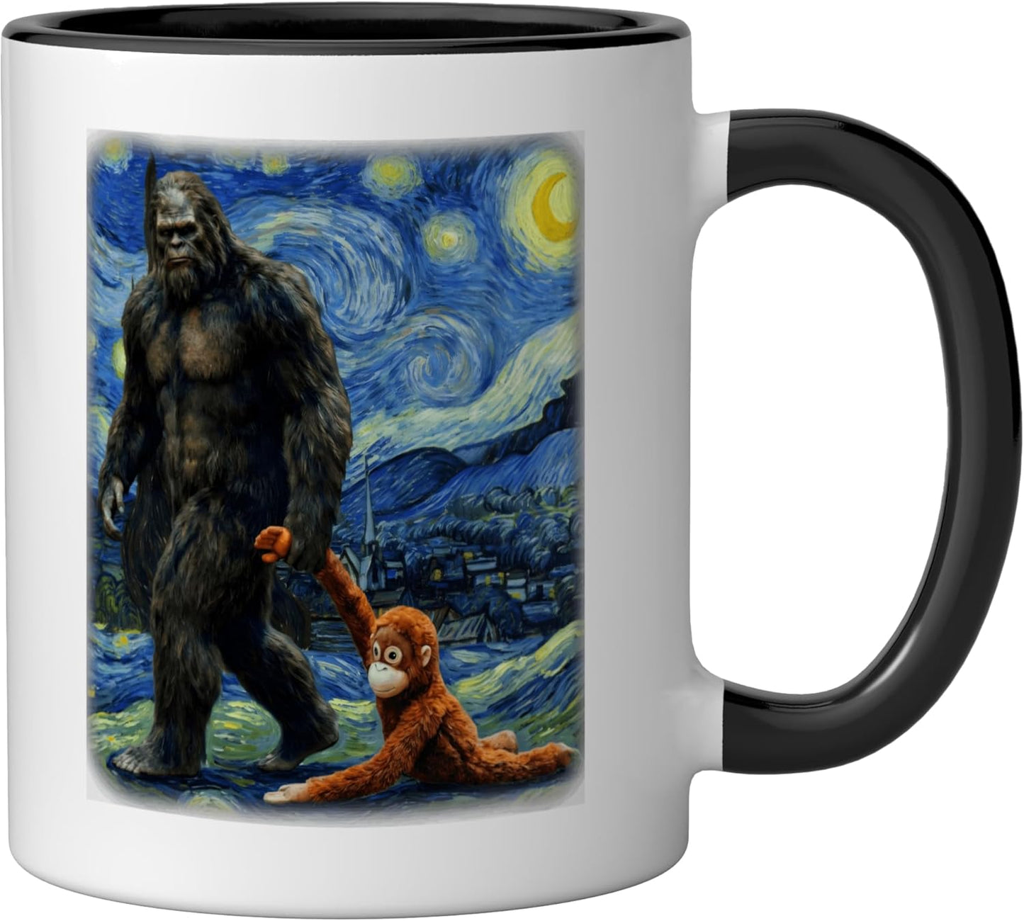 Taza cerámica Bigfoot Sasquatch video meme mono bebé negro/blanco