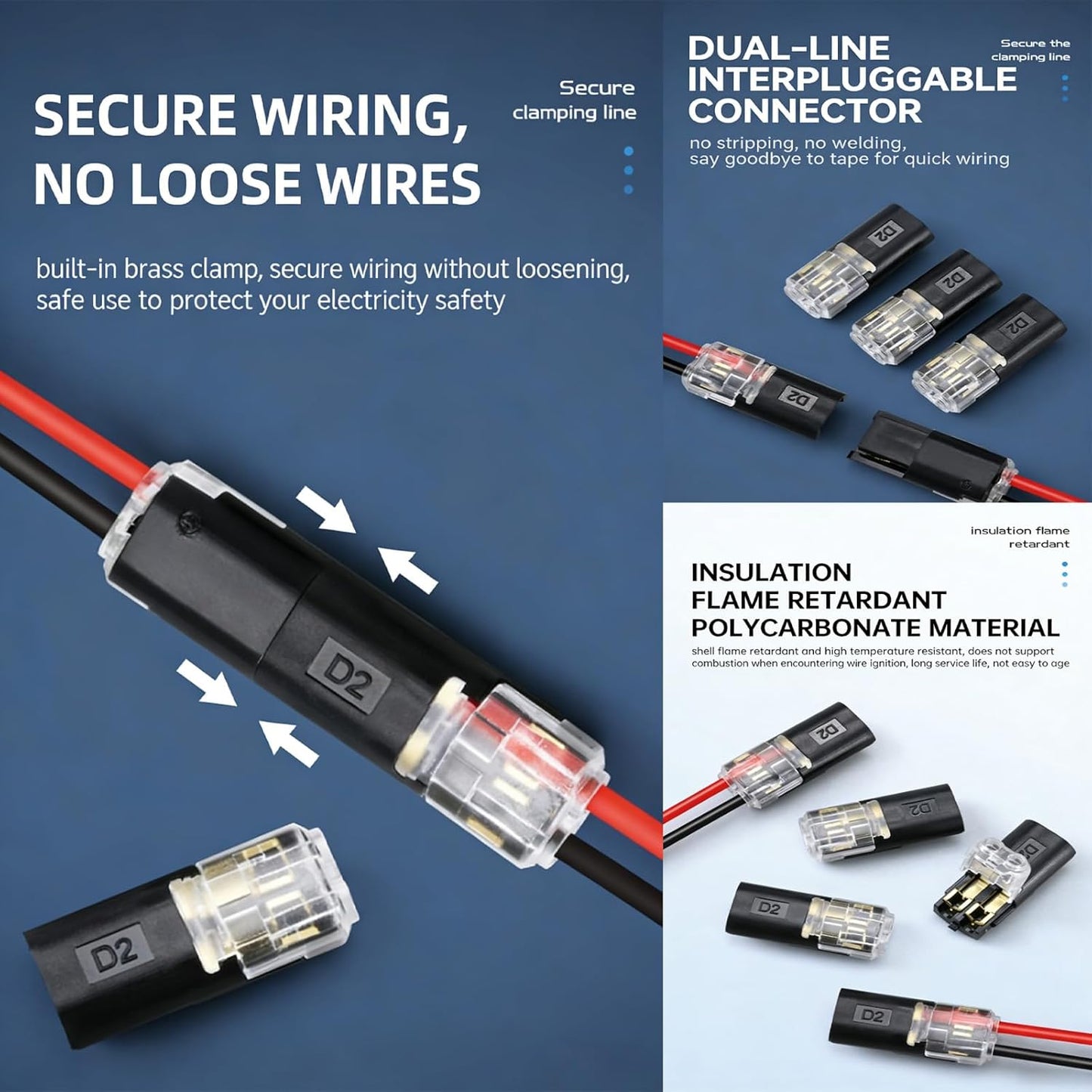 50 Conectores Doble Cable Hebilla Bloqueo Ignífugo