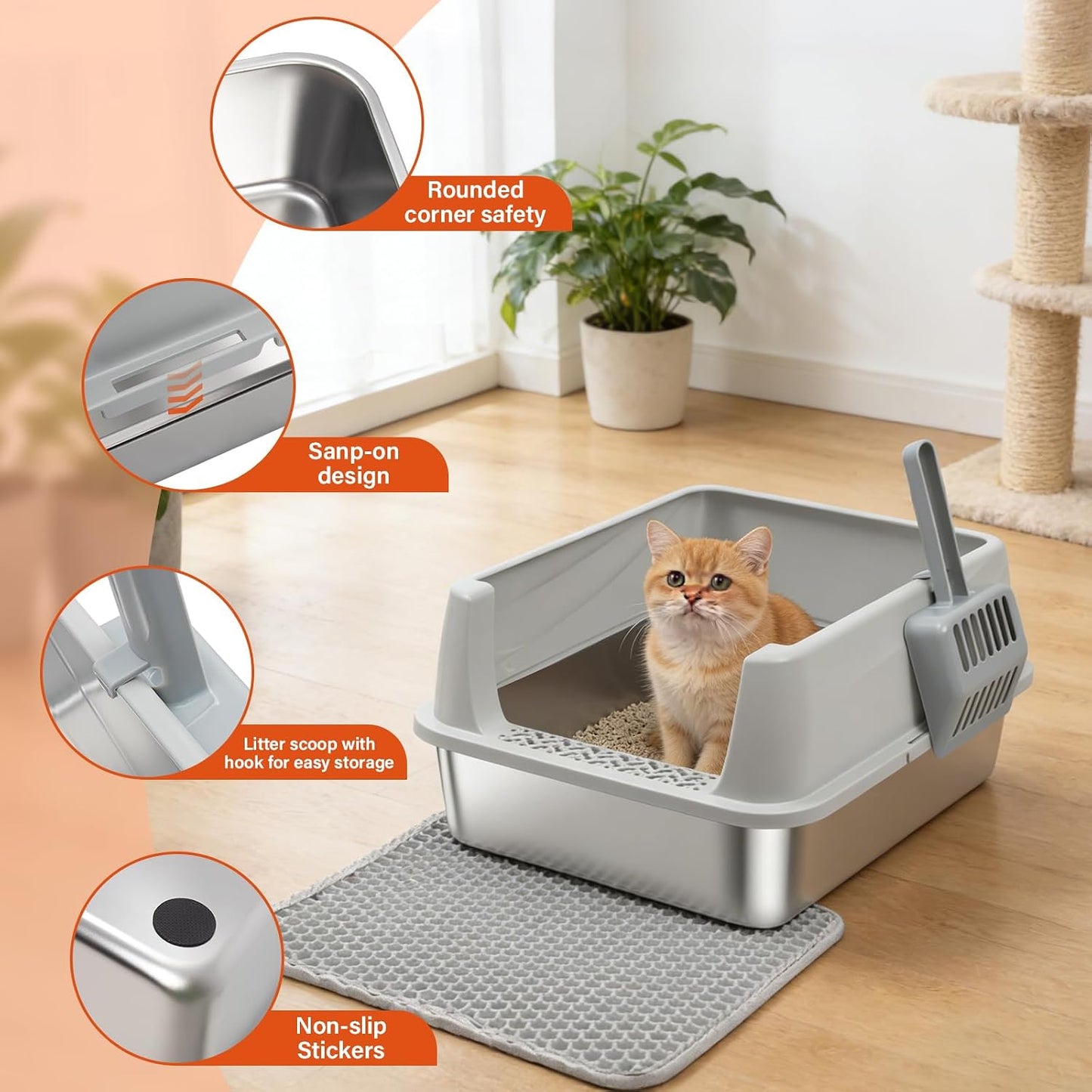 Caja arena acero inox con tapa pala alfombra antiadherente