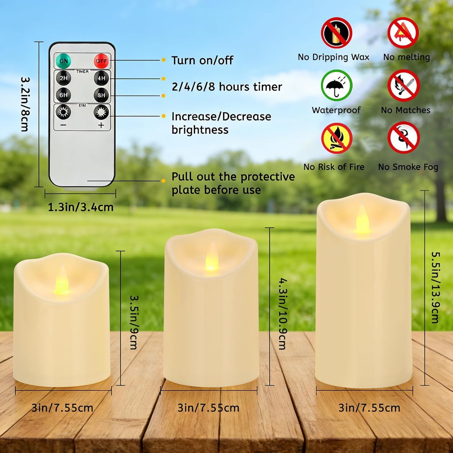 Velas LED 3D sin llama set 6 pilares plástico control remoto