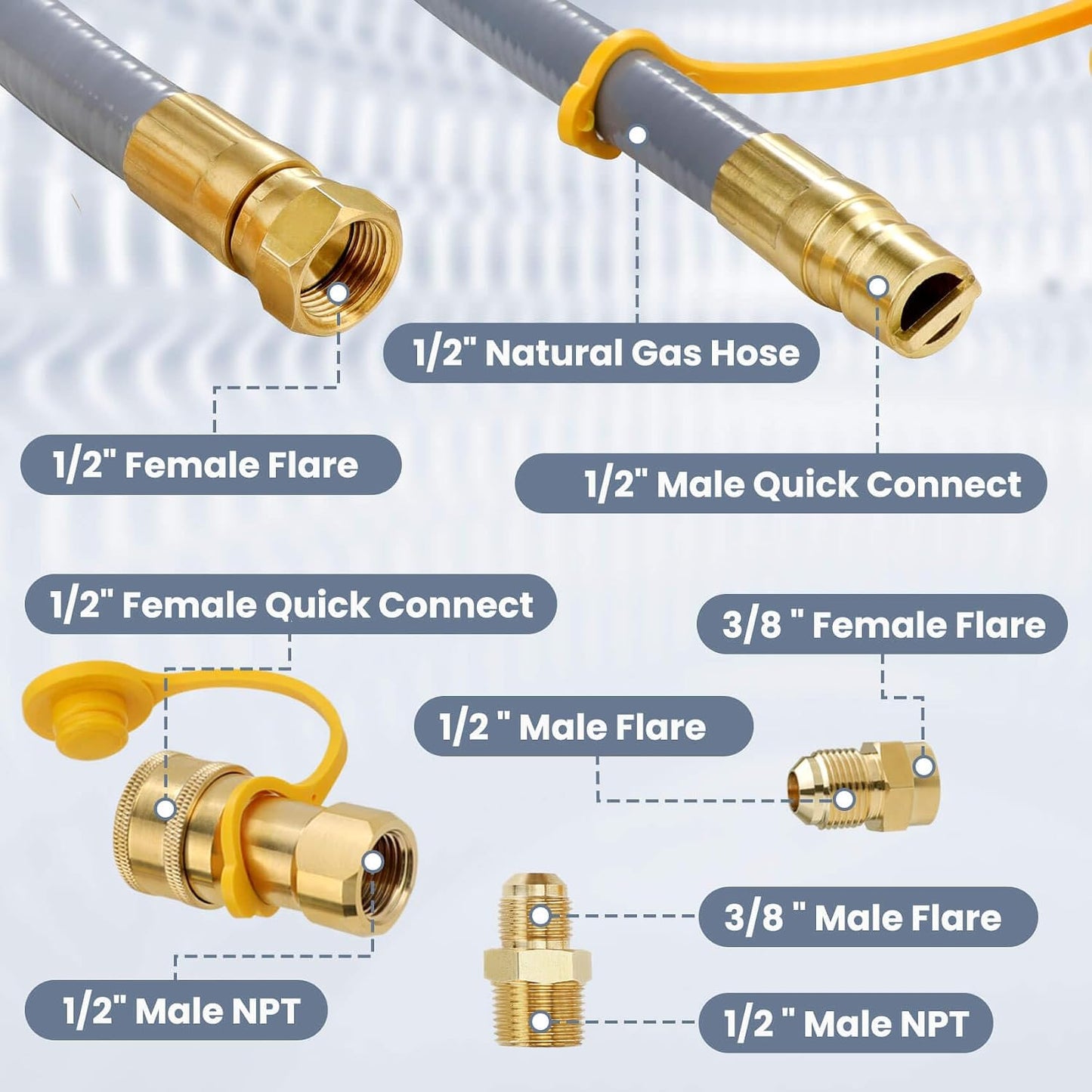 Manguera gas natural 48ft 1/2pulg ID con adaptador