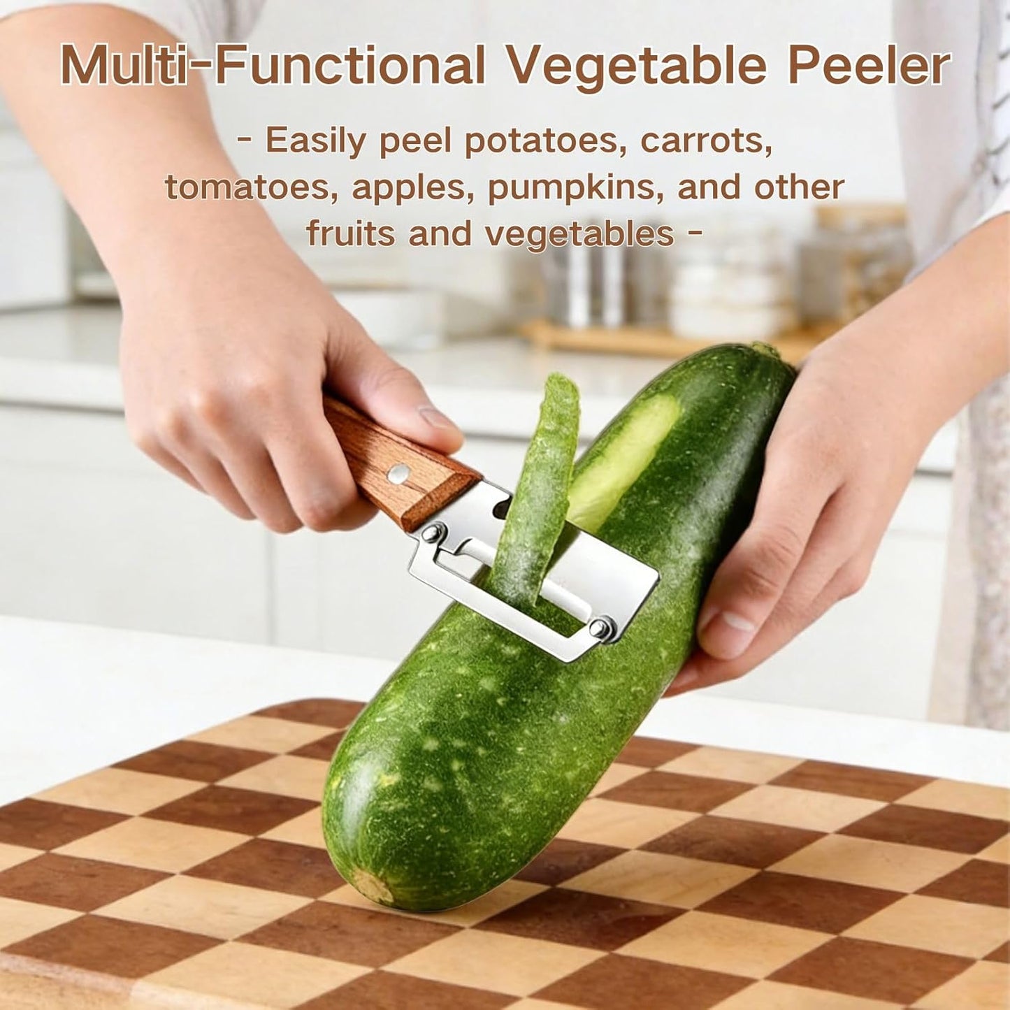 Pelador de verduras multifuncional con mango de madera y abridor de botellas