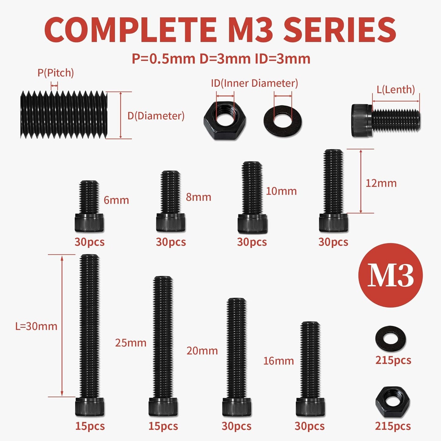 Set 640 pernos M3x30mm acero aleación 12.9 para impresora 3D