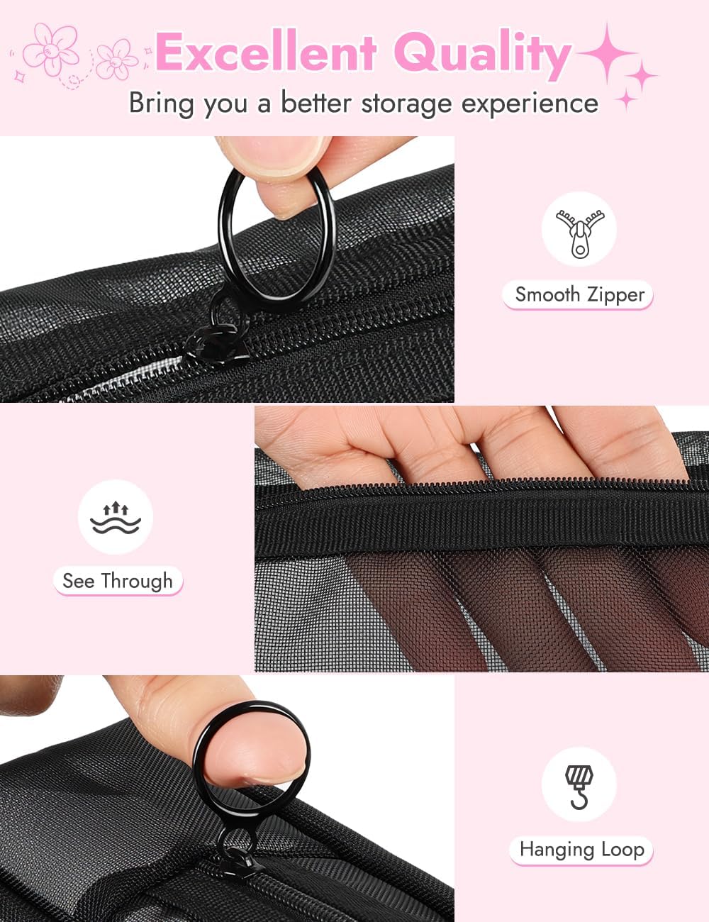 4 Pzas Bolsas Malla Maquillaje con Cremallera Negro