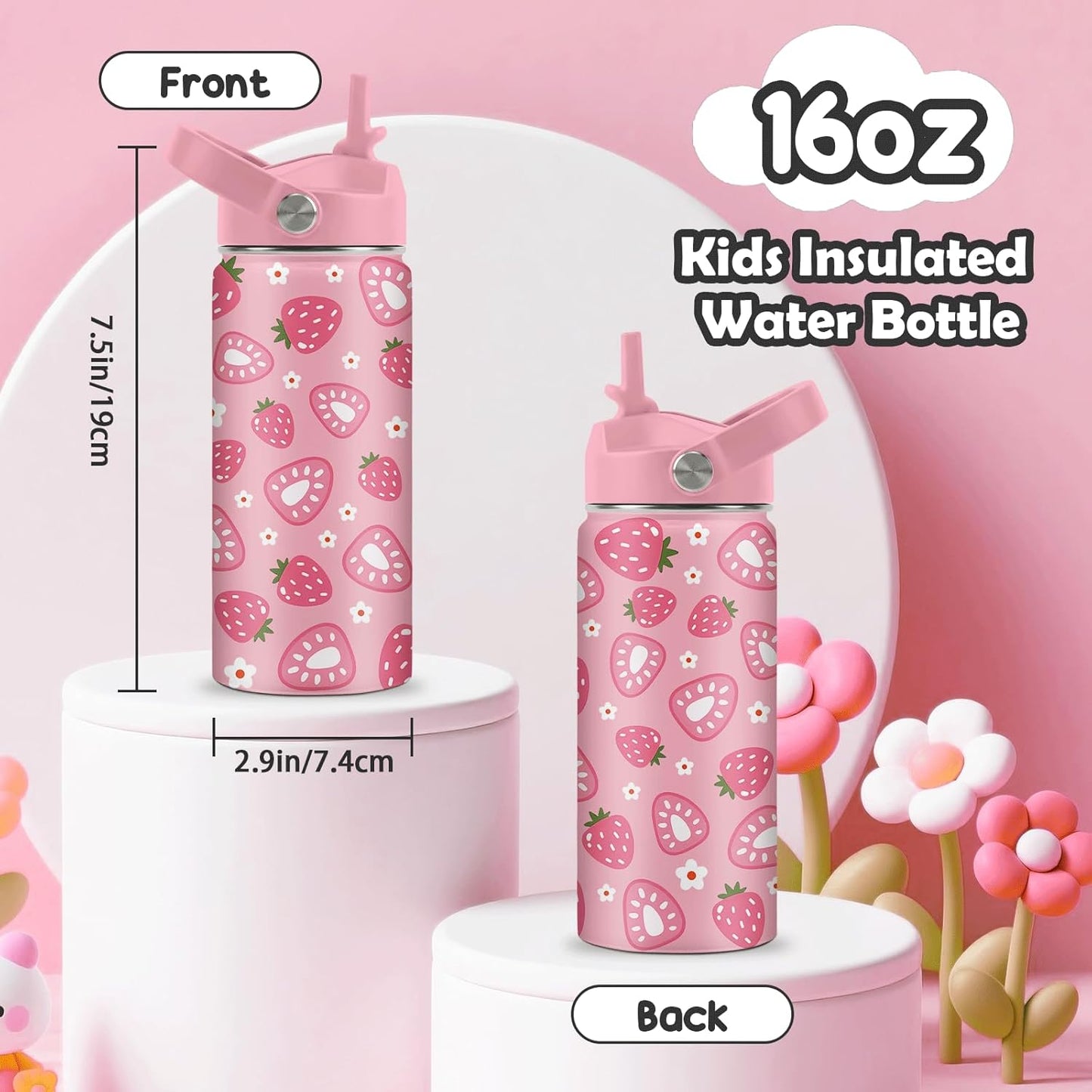 Taza aislada de fresa para niños de acero inoxidable rosa