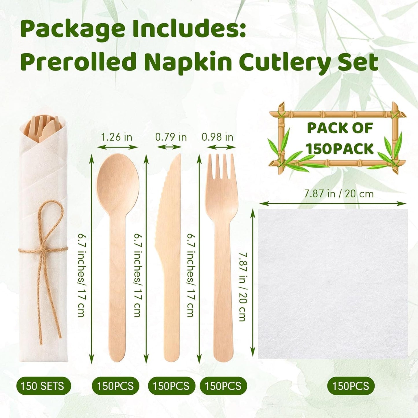 Set 600 servilletas preenrolladas y cubiertos bambú biodegradables