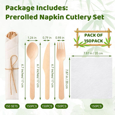 Set 600 servilletas preenrolladas y cubiertos bambú biodegradables