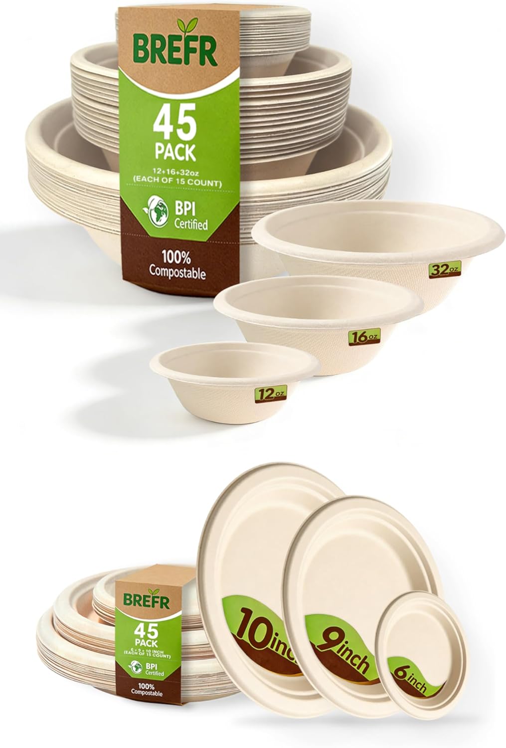 Set 90 platos y tazas biodegradables de caña azúcar 12-32oz