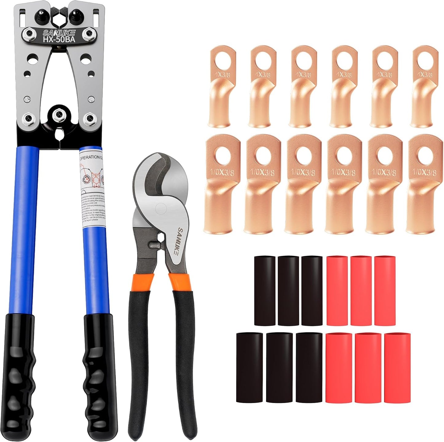 Kit herramientas crimpado cables batería cobre AWG 8-1/0