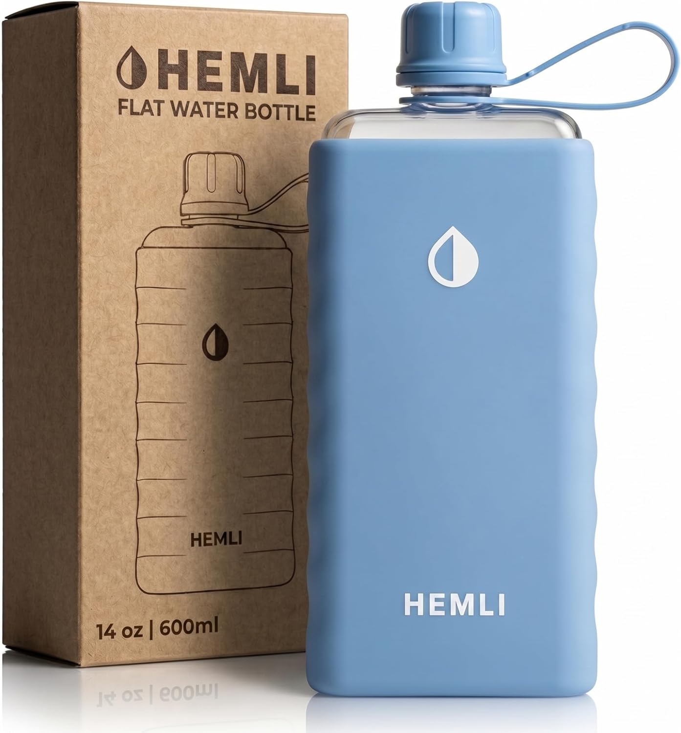 Botella de agua plana Tritan con funda de silicona cuadrada azul claro