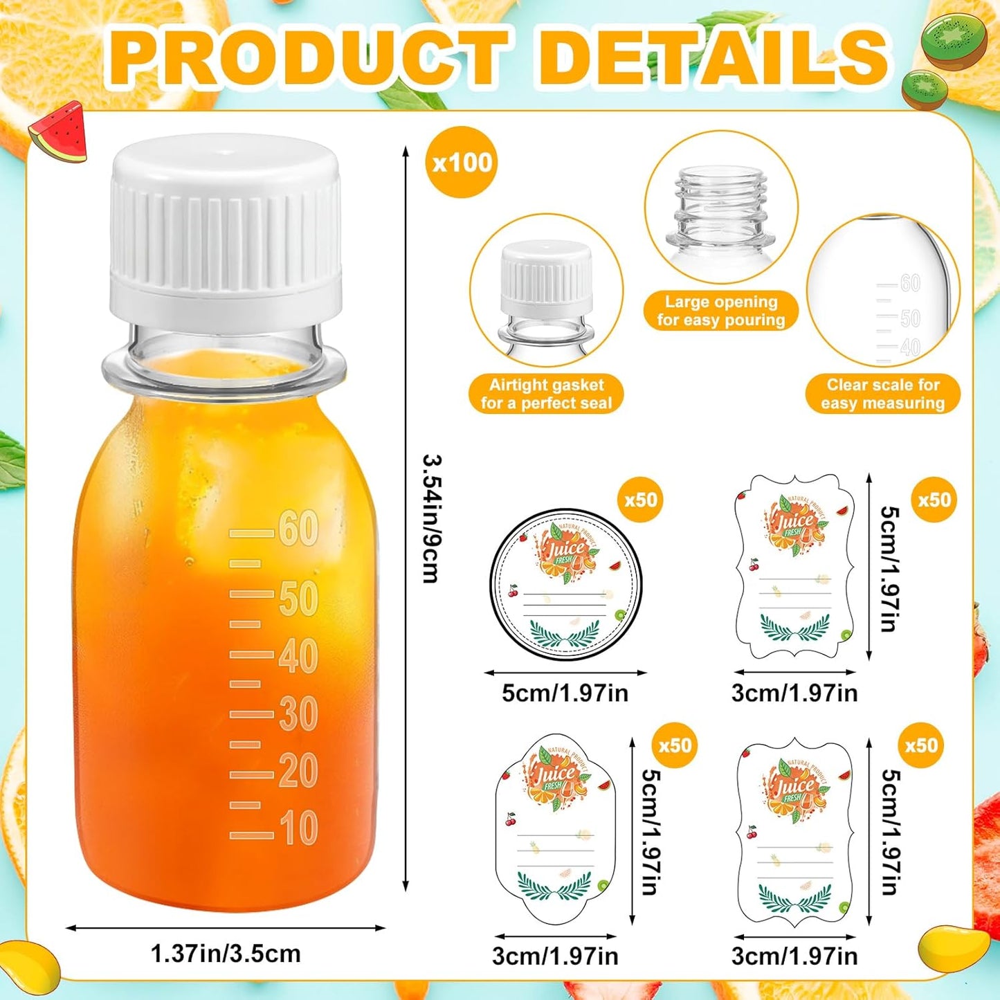 100 Botellas Plástico 2oz Tapa Blanca Mini Reutilizable