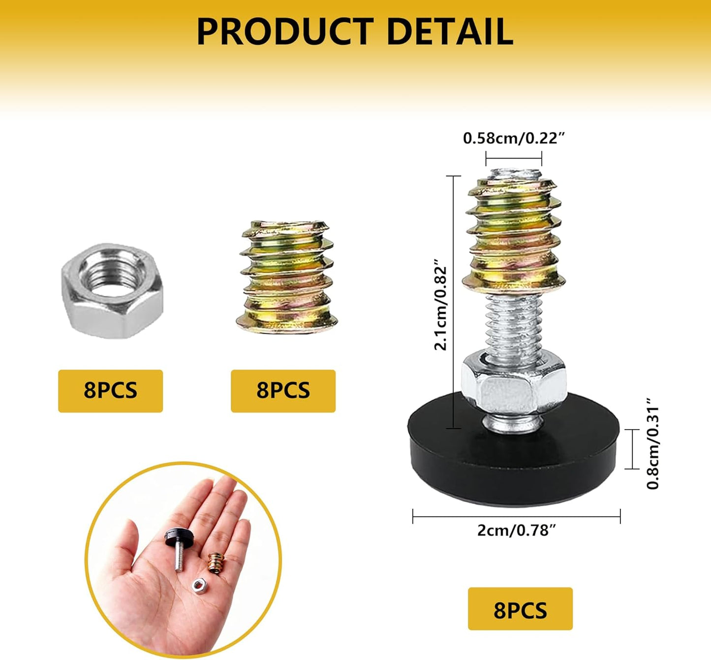 8 Pzas M6 x 20mm Niveladores para muebles con base PTFE