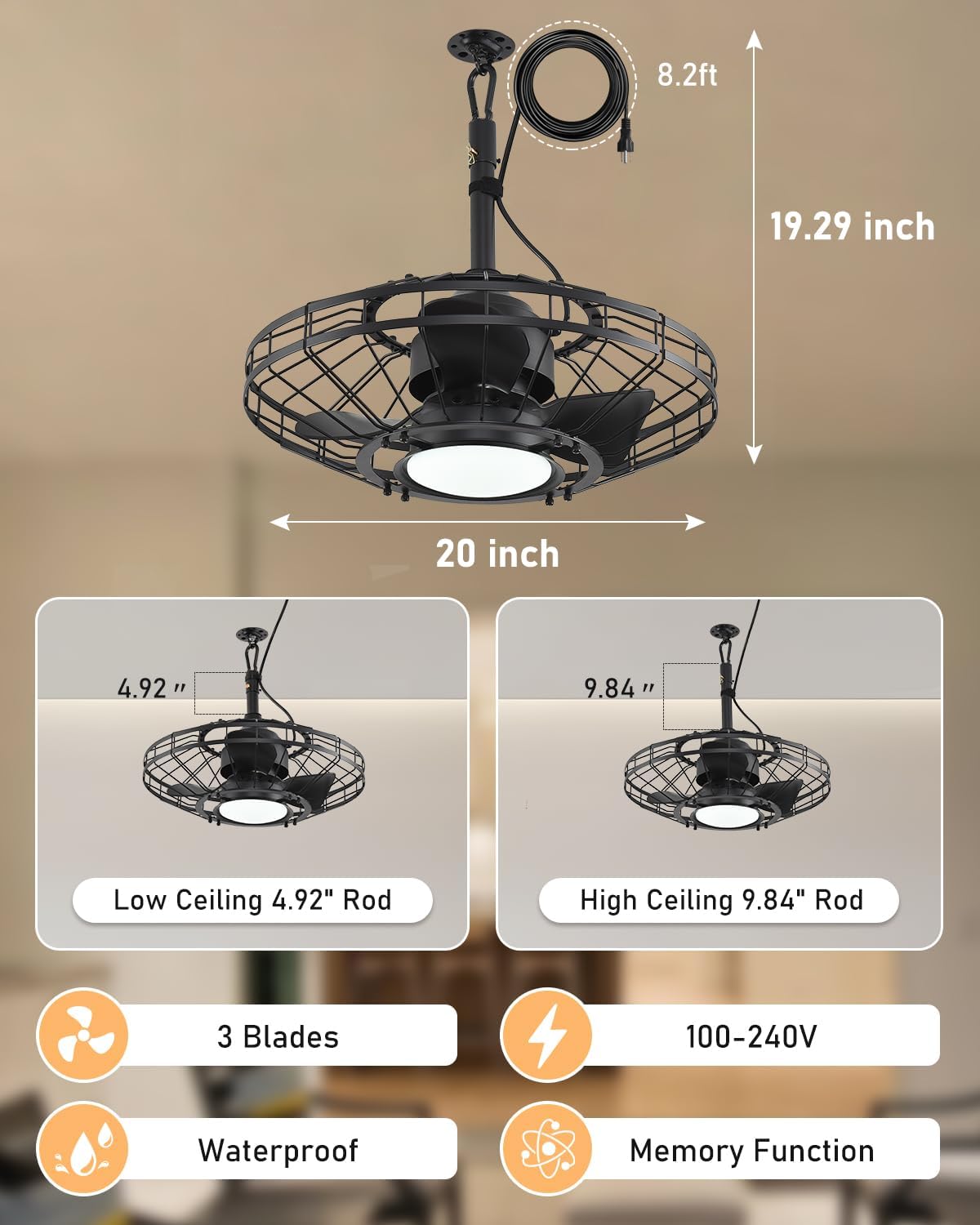 Ventilador techo 20pulg luz impermeable motor enchufable app