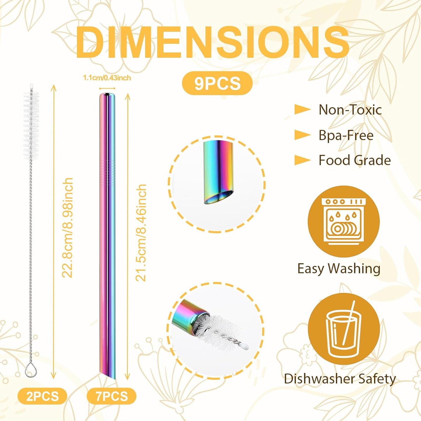 7 Popotes Acero Inox Pajitas Reutilizables 0.4pulg