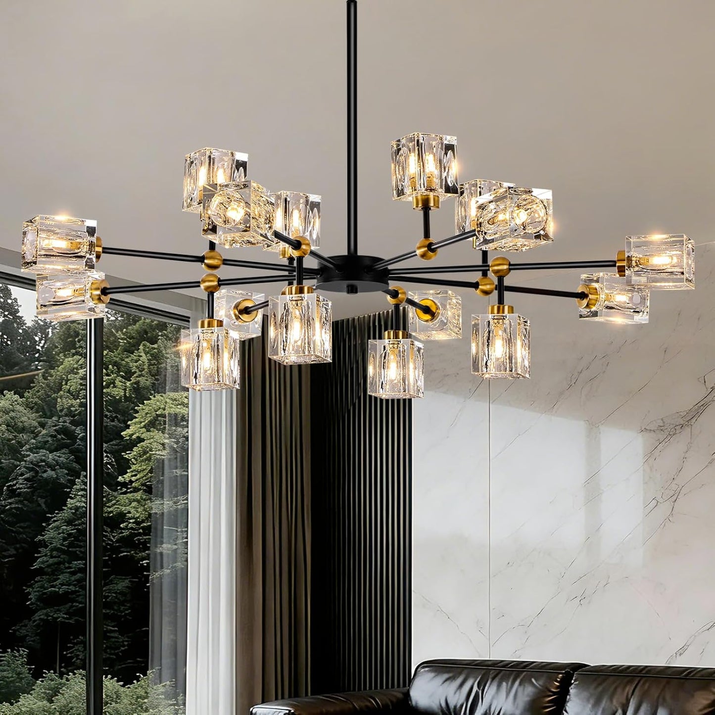 Lámpara techo cristal 16 luces Sputnik negra y dorada