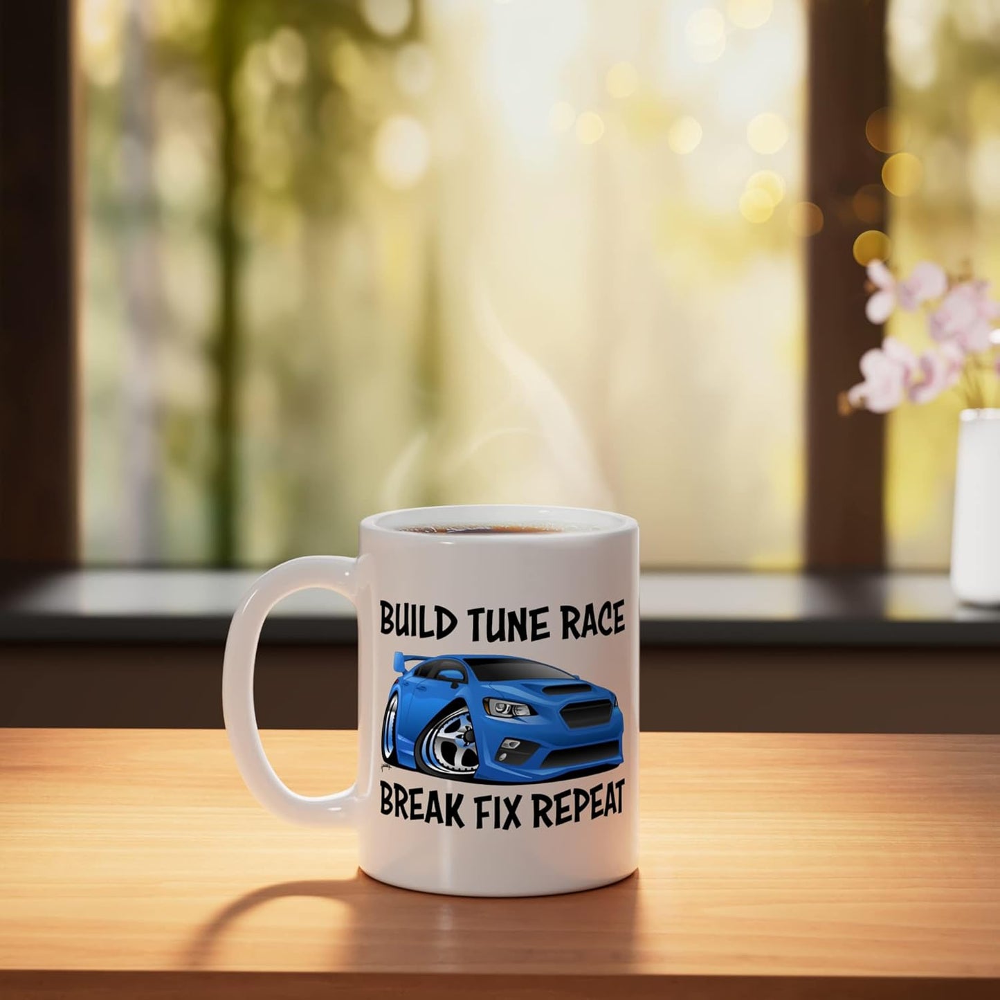 Taza cerámica con dibujo de coche humorístico Build Tune Race Break Fix Repeat