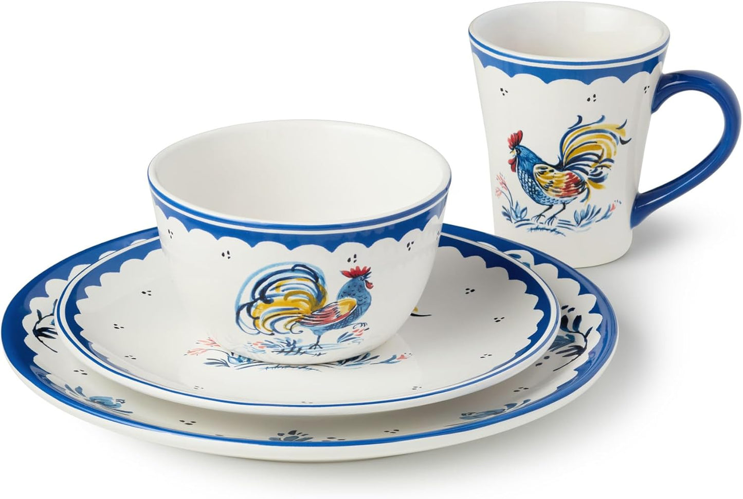 Juego de vajilla cerámica Gallo Francés 16 piezas servicio para cuatro platos llanos ensalada tazas cuencos helado motivos clásicos azul multicolor