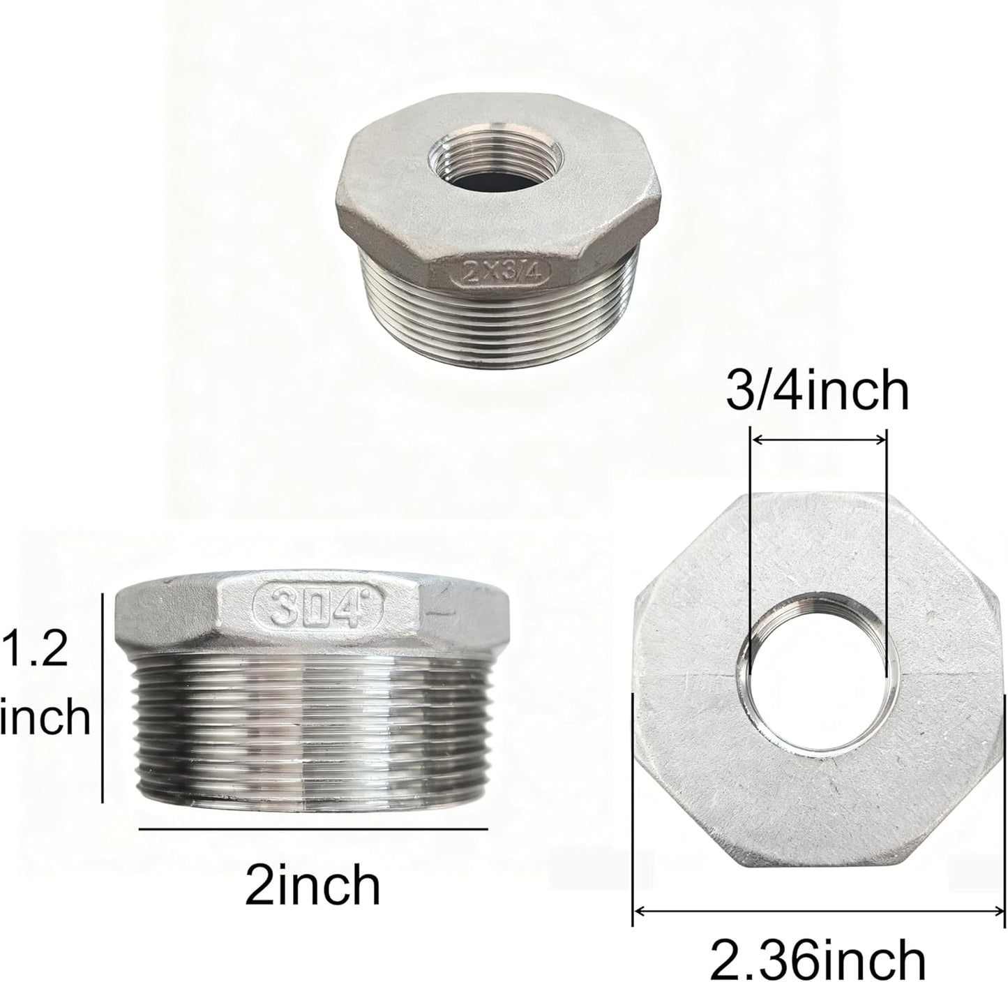 Adaptador acero inox 2" macho x 3/4" hembra rosca hex