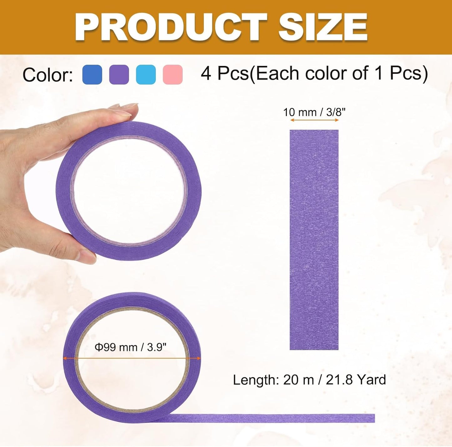 4 Pzas Cinta Adhesiva Crepé Colores 3/8pulg x22yd