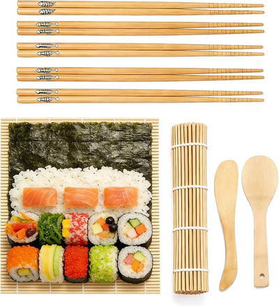 Kit fabricación sushi para principiantes con rodillos bambú, alfombrillas y accesorios