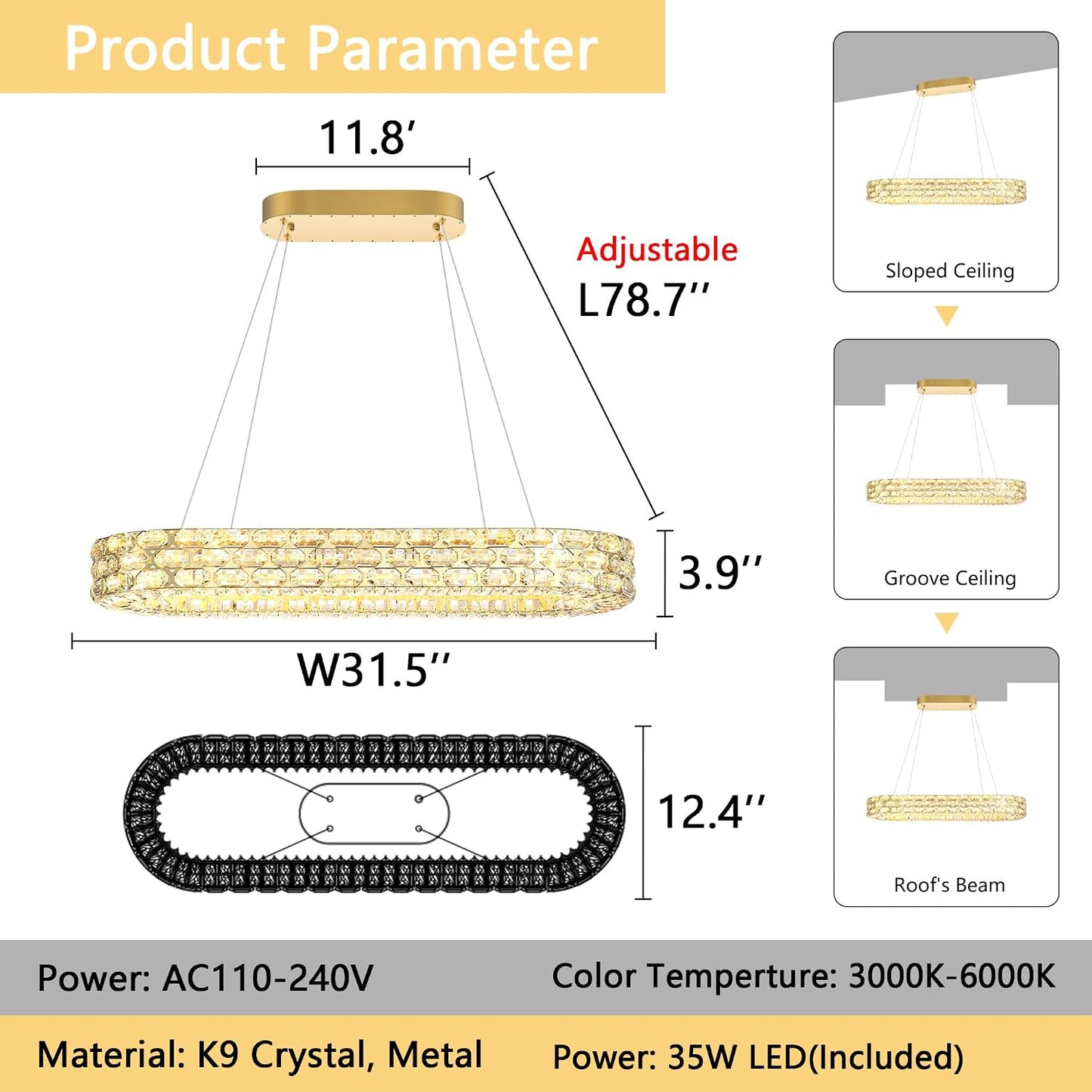 Lámpara de cristal ovalada para comedor y cocina con LED dorado