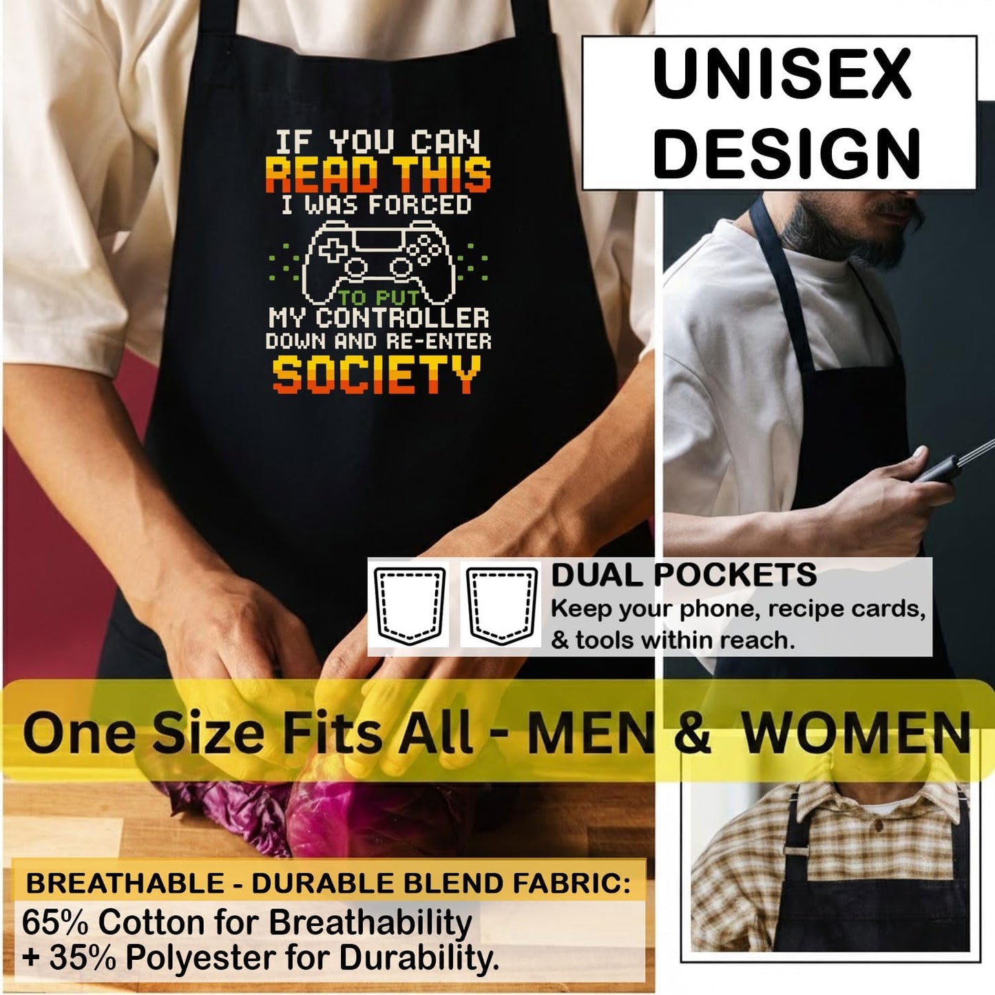 Aprón de juego unisex negro con dos bolsillos y cuello ajustable