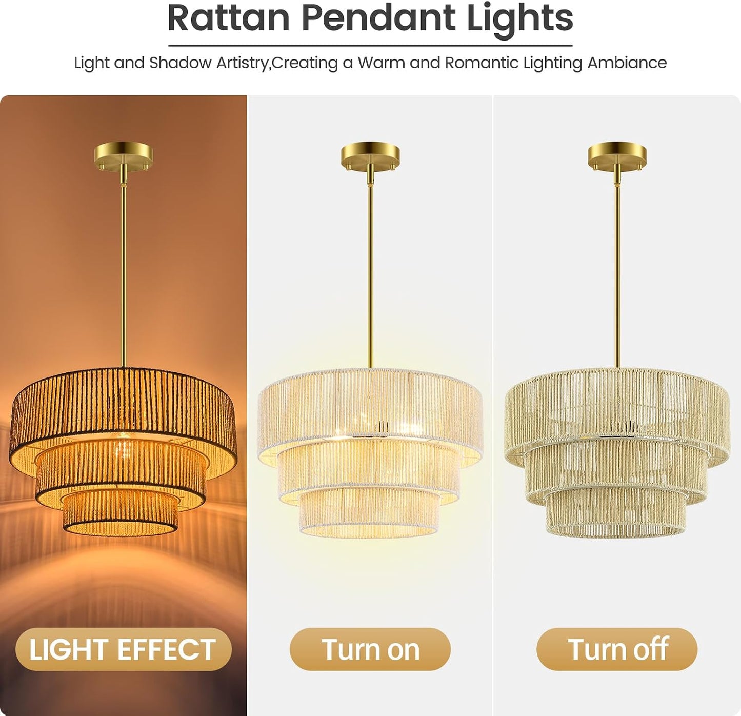 Lámpara colgante ratán 3 luces tejida a mano 16.5pulg ajustable