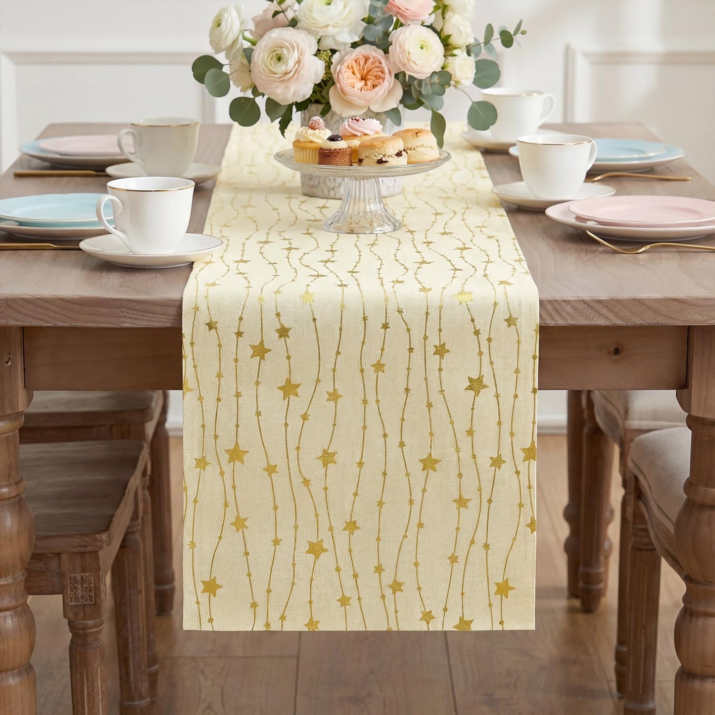 Mesa arpillera beige estrellas doradas 12x72pulg comedor boda