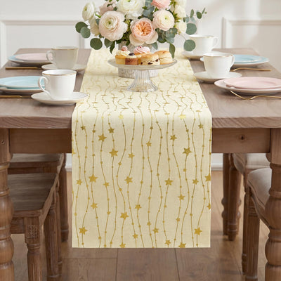 Mesa arpillera beige estrellas doradas 12x72pulg comedor boda