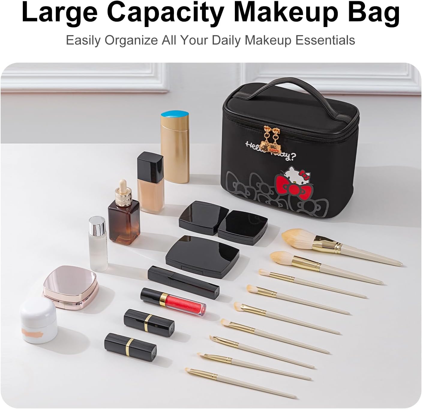 Bolsa maquillaje impermeable con soporte brochas para viaje negro