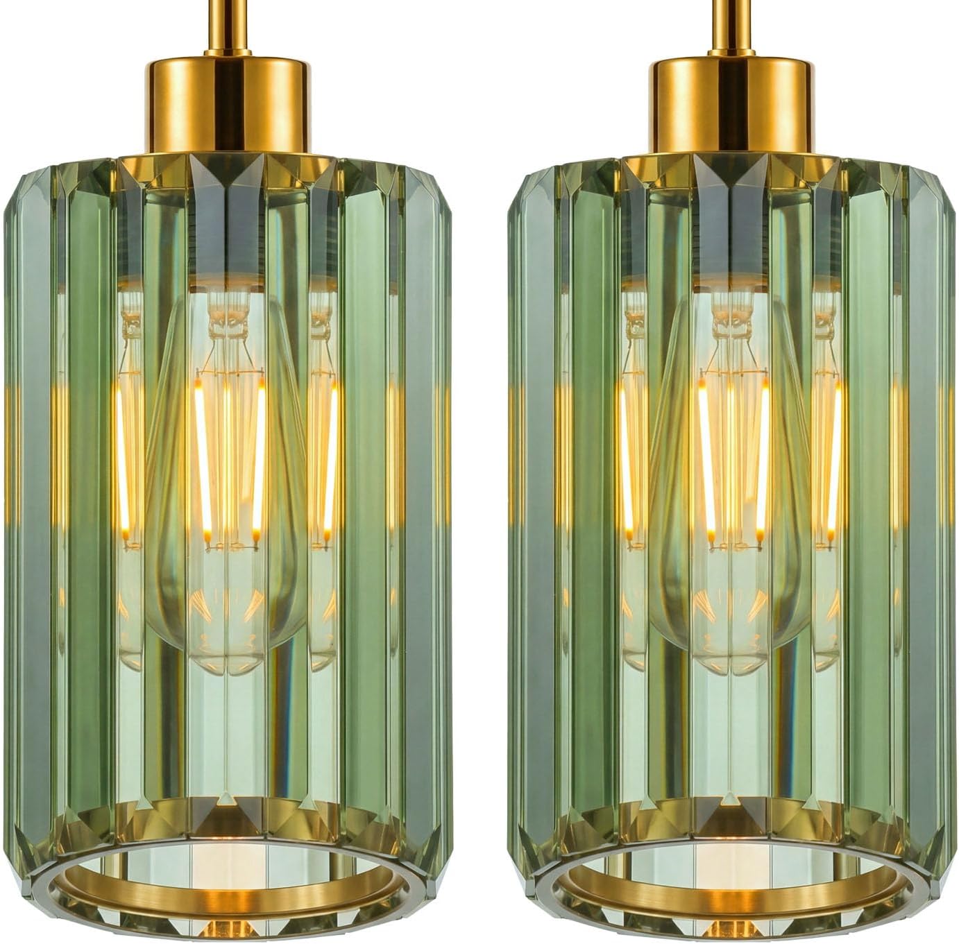 2 Lámparas colgantes vidrio estriado verde oliva E26 cocina comedor