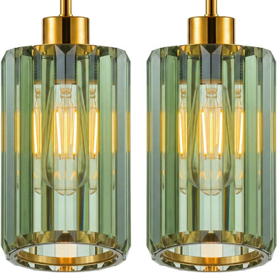 2 Lámparas colgantes vidrio estriado verde oliva E26 cocina comedor