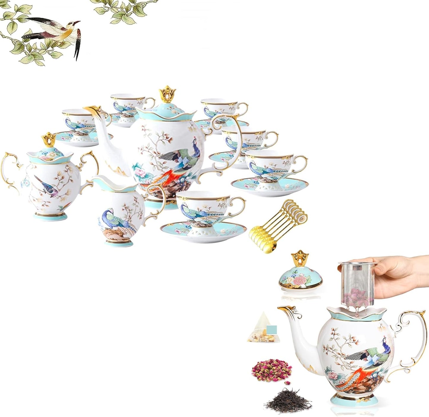Set té porcelana fina tetera 21 pzas para 6