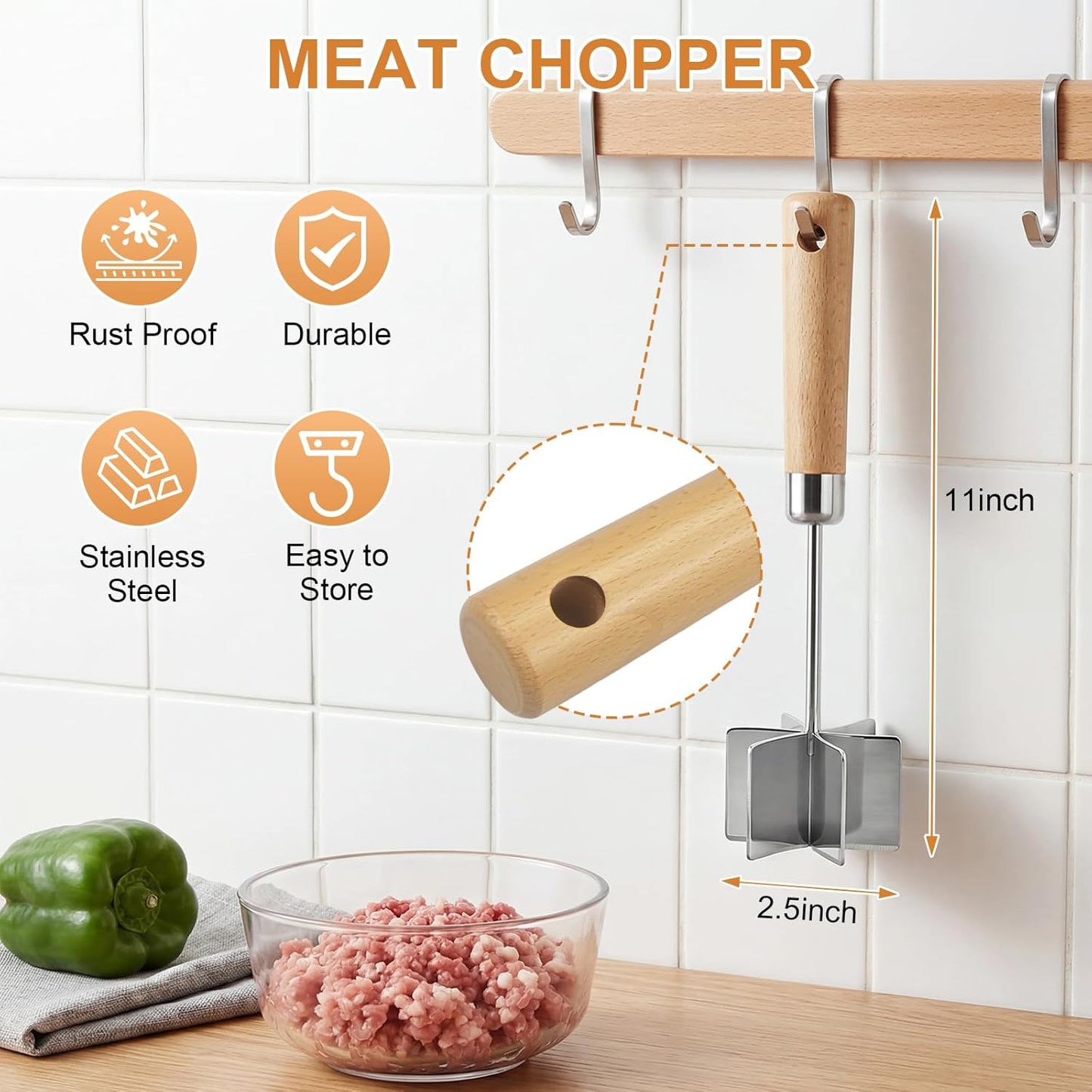 Picador de carne acero inoxidable 304 con 6 cuchillas curvas y mango de madera