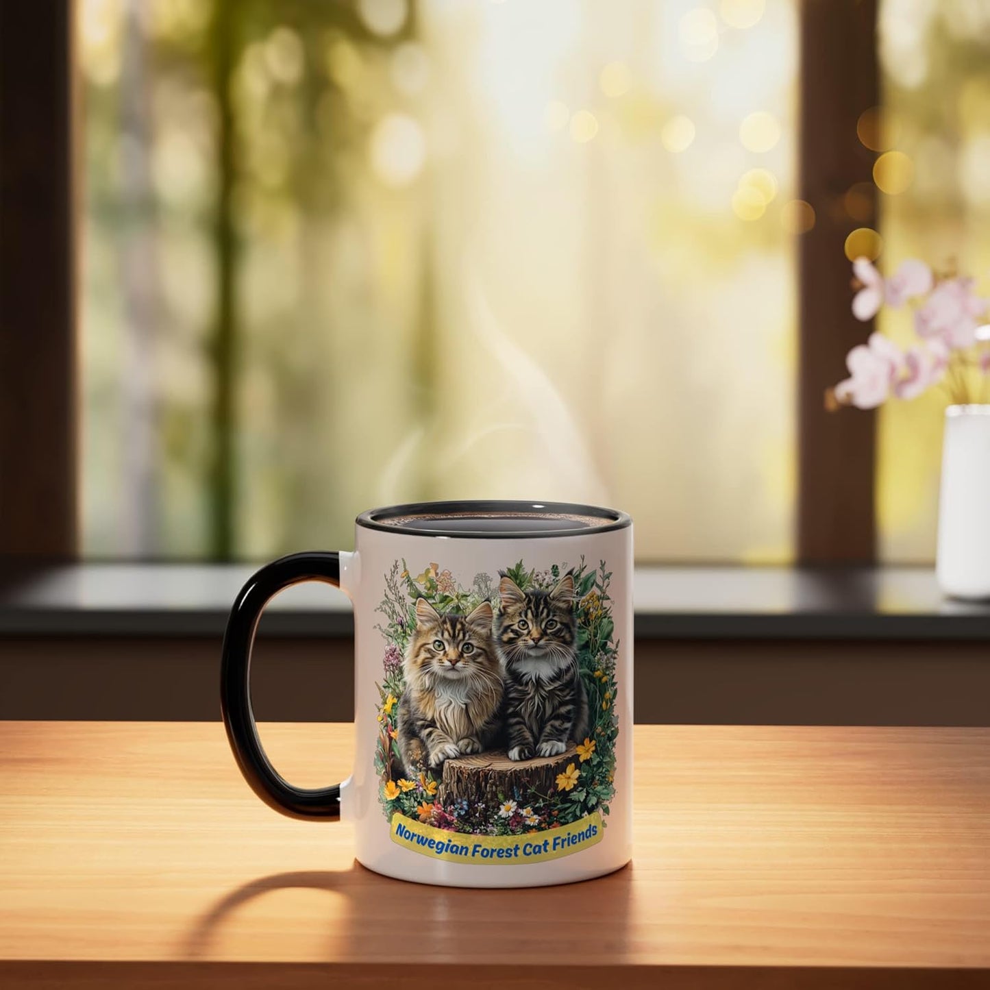 Taza cerámica para gatos estilo floral negro y blanco