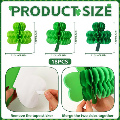 18 Adornos Panal San Patricio Trébol Verde 3D