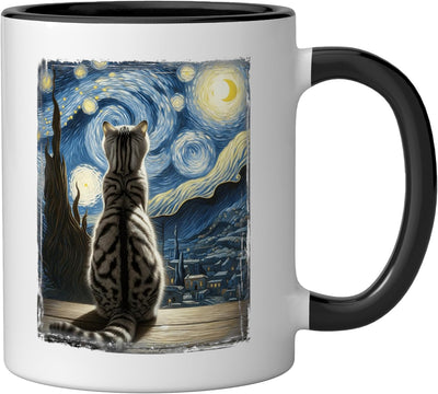 Taza cerámica gato doméstico corto estilo Van Gogh Noche Estrellada negro/blanco