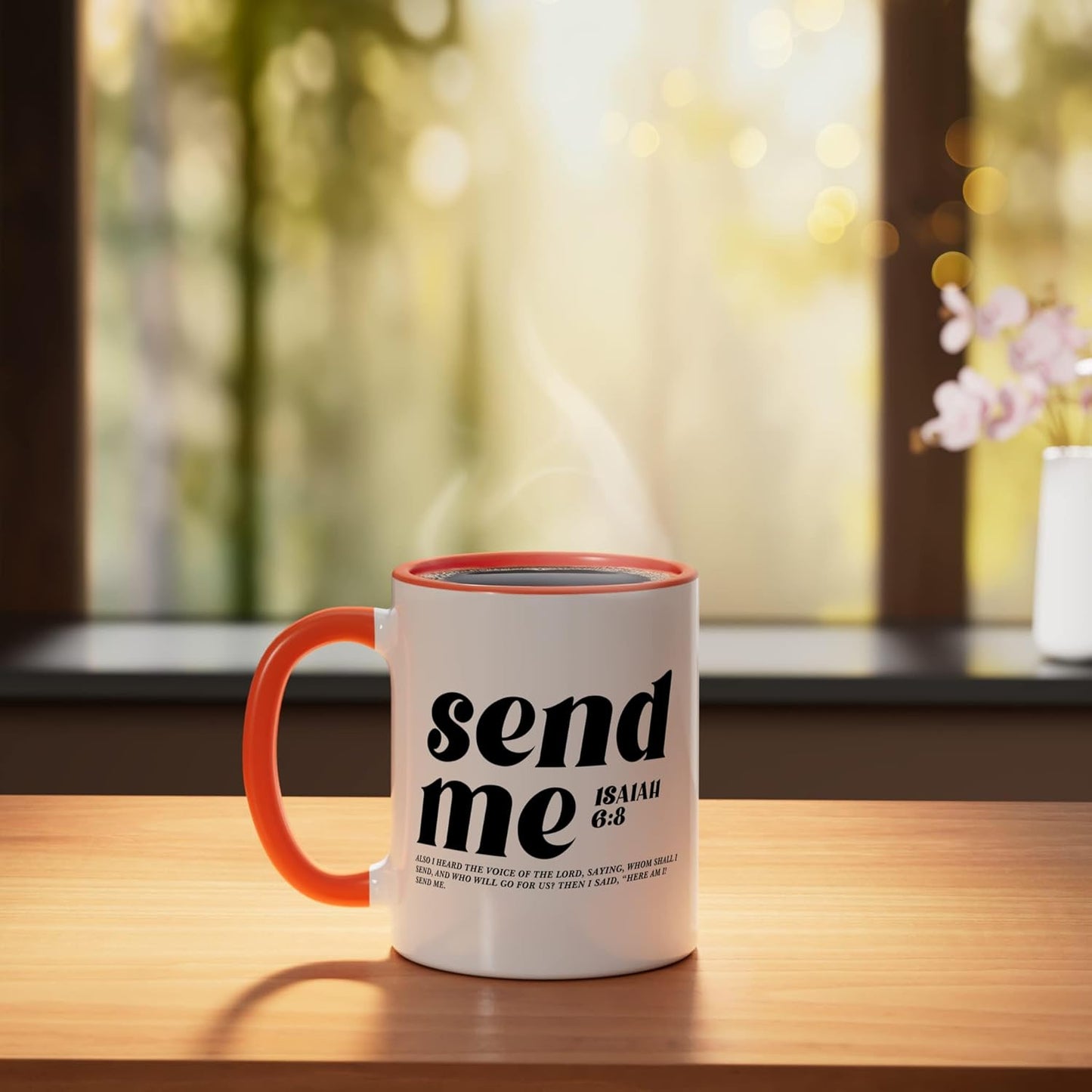 Taza Cerámica Inspiración Isaías 6:8 Naranja/Blanco