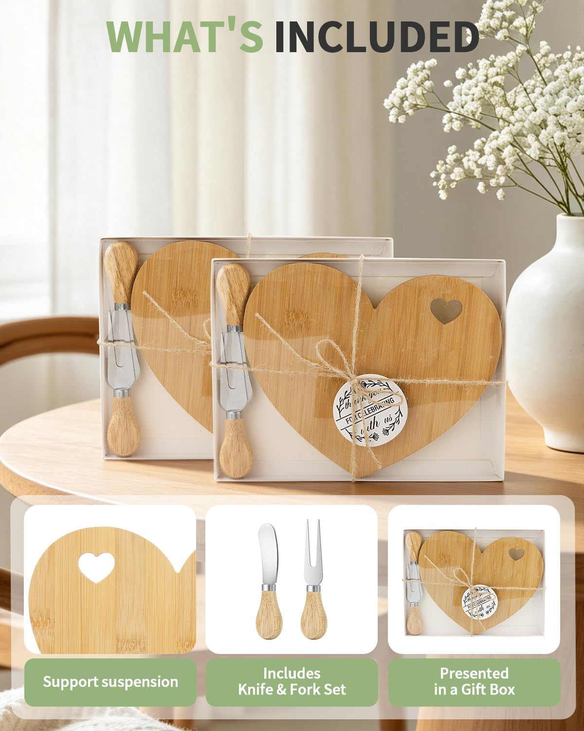 Juego regalo bebé tabla corazón bambú con cuchillo y tenedor