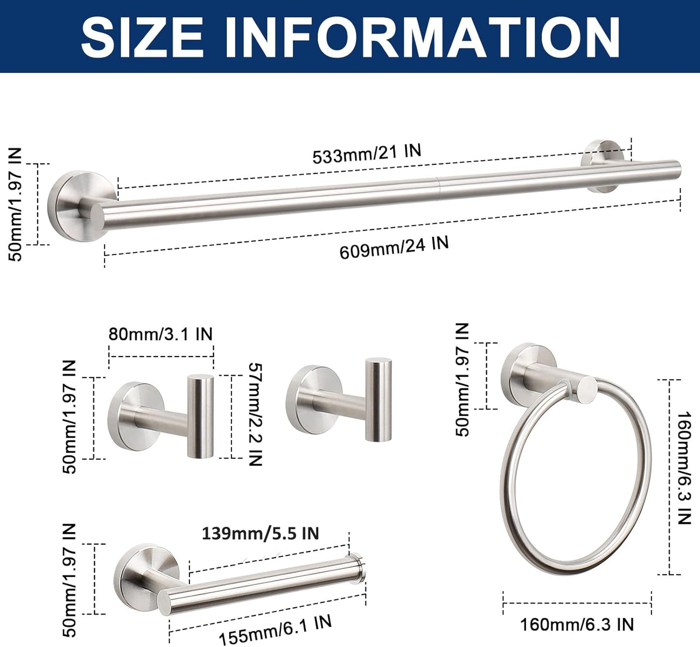 Set 10 Pzas Accesorios Baño Acero Inox 24pulg Barra Toalla