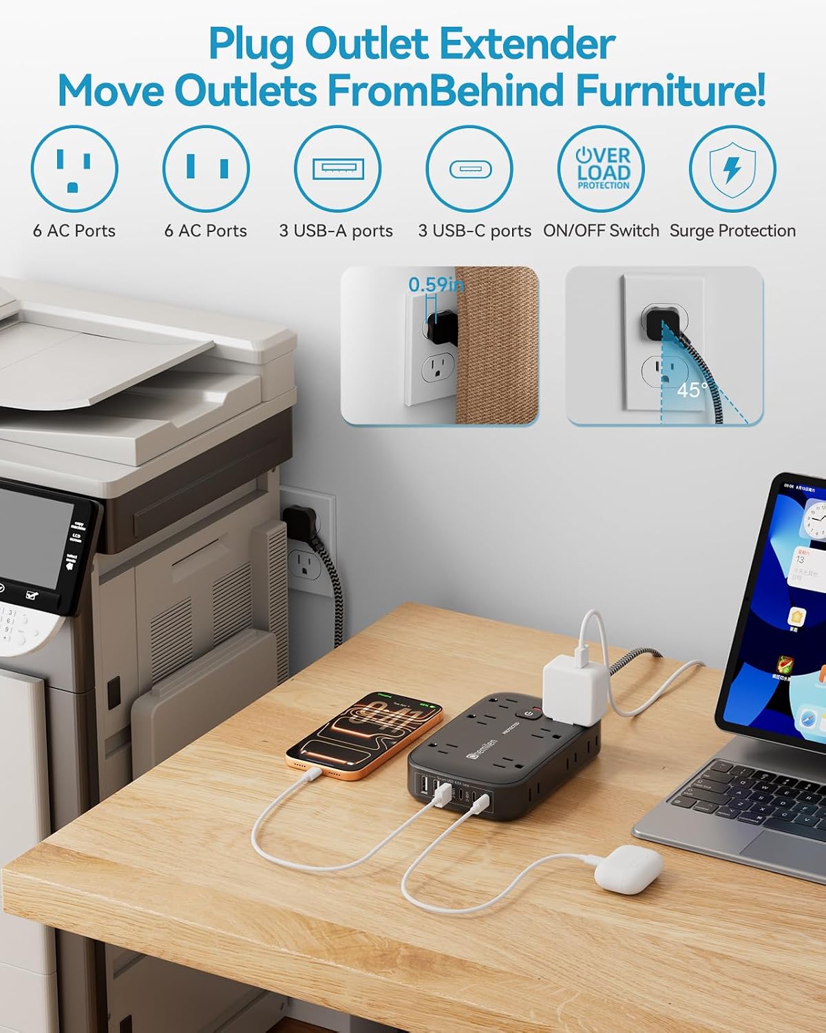 Regleta sobretensiones con 6 USB 3 USB C y 12 tomas 15ft