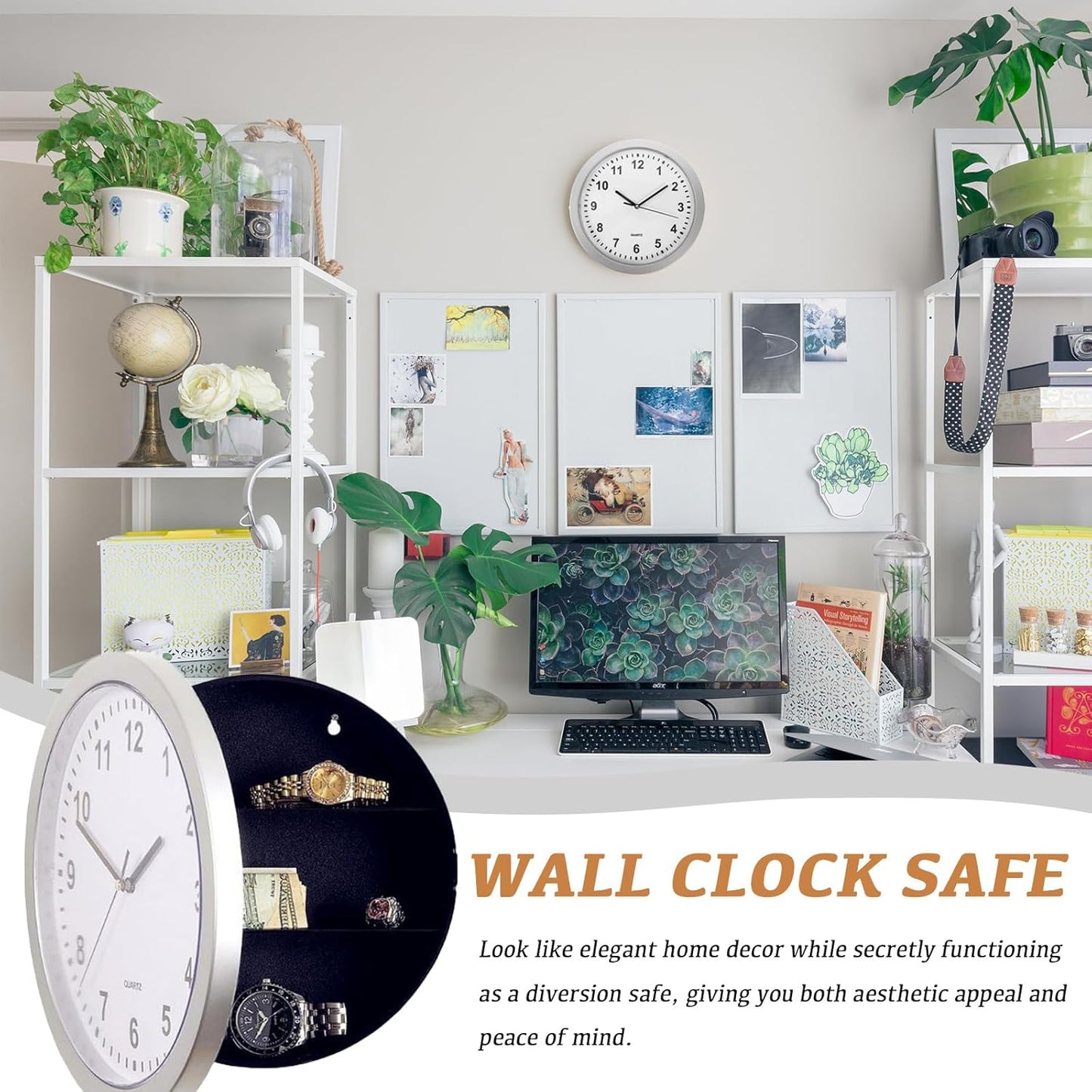 Reloj pared 10pulg cuarzo plástico caja fuerte oculta