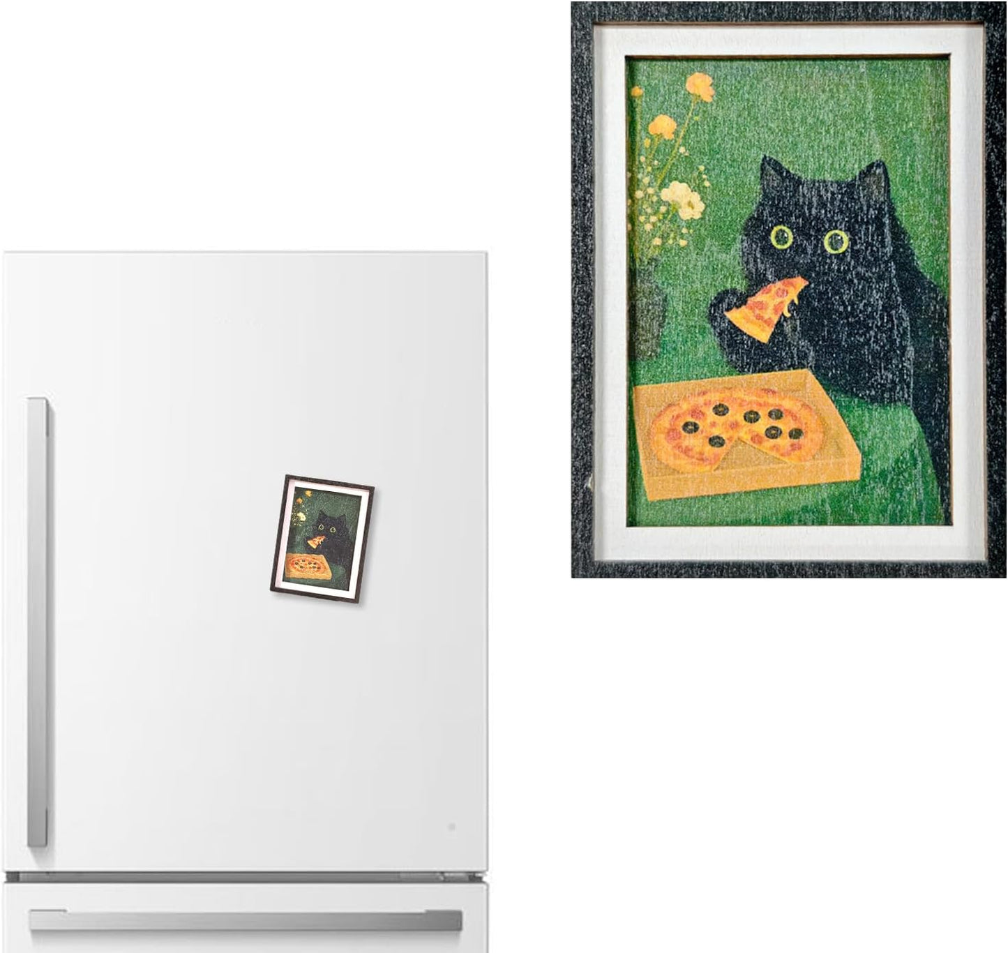 Imán de nevera de gato negro estilo vintage con diseño de pizza