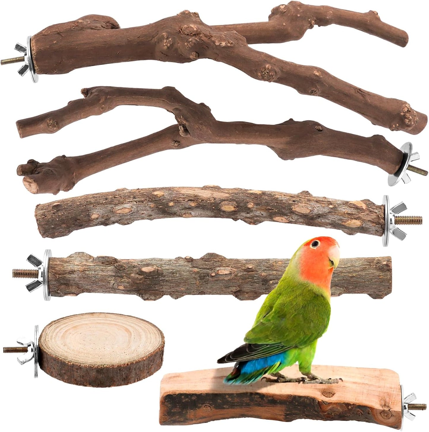 6 Pzas Perchas Madera Natural para Pájaros con Ramas y Plataformas