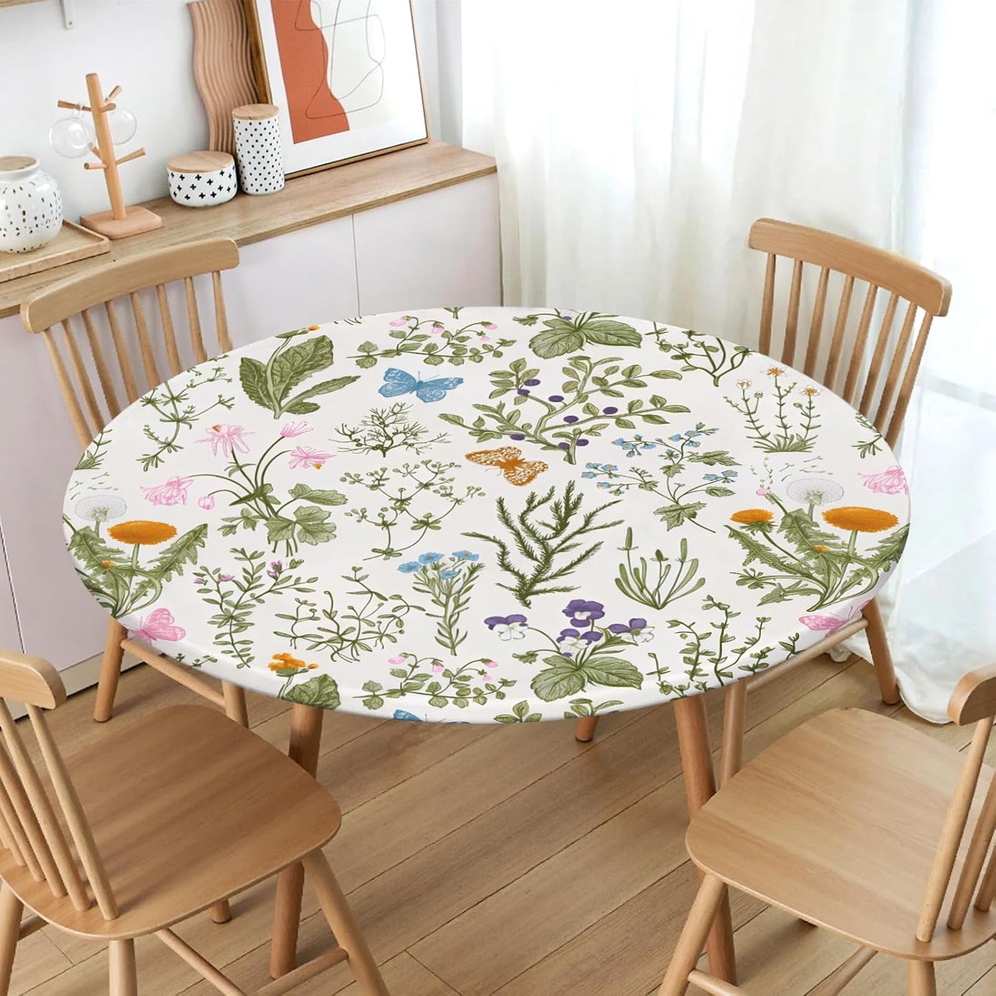 Mantel redondo ajustable floral con borde elástico para mesa de 40 a 44 pulgadas