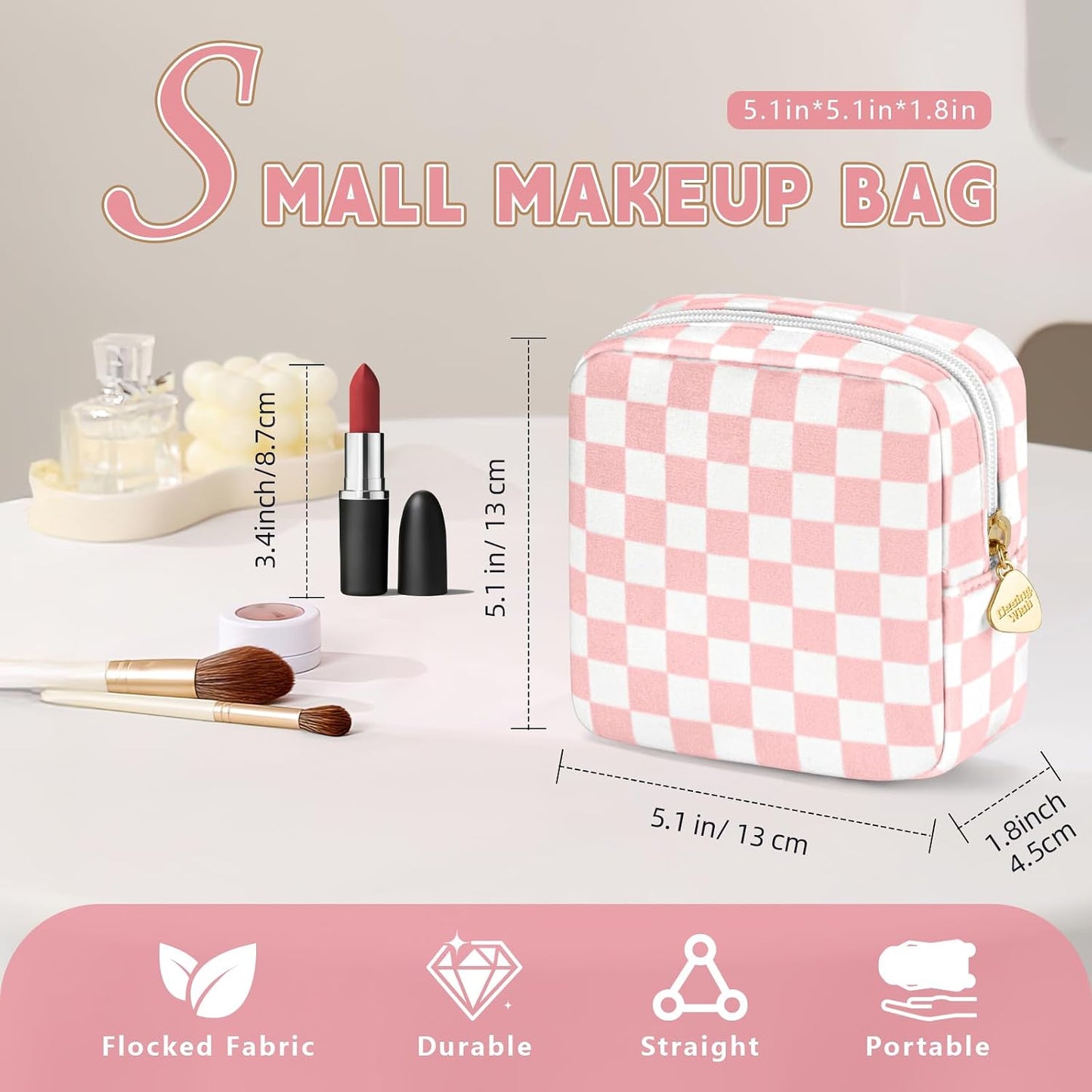 Bolsa maquillaje viaje 5.1x5.1pulg flocado con 2 bolsillos