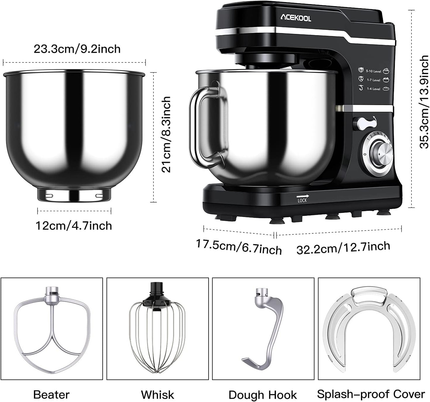 Amasadora eléctrica 10 velocidades con tazón acero inox 7.5qt